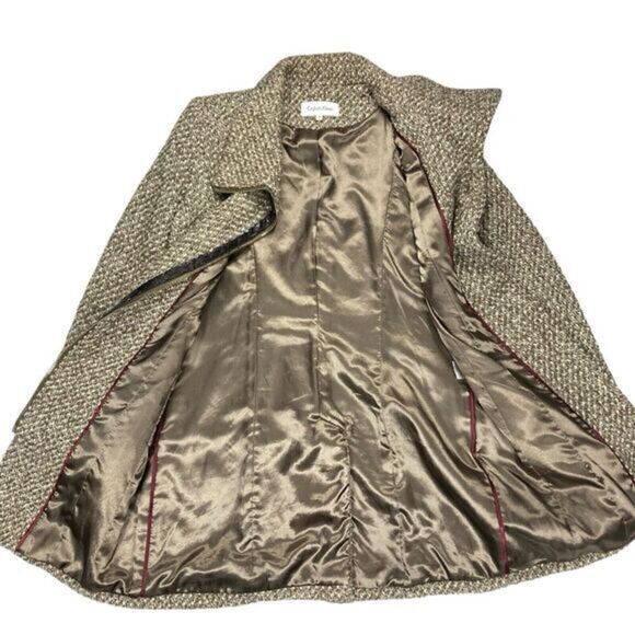Calvin Klein Tweed Wool Pea Coat Brown Faux Leather Trim Classic Dressy Business - Picture 6 of 15